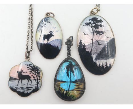 Four silver enamelled pendants, three with chains, largest 28 mm. UK P&amp;P Group 1 (£16+VAT for the first lot and £2+VAT fo