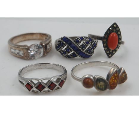 Five silver stone set rings, sizes T and U. UK P&amp;P Group 0 (£6+VAT for the first lot and £1+VAT for subsequent lots)
