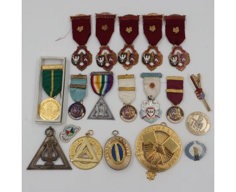Province of West Lancashire Provincial Rank collar jewels, enamelled charity jewels, RMBI Steward jewels and further breast j