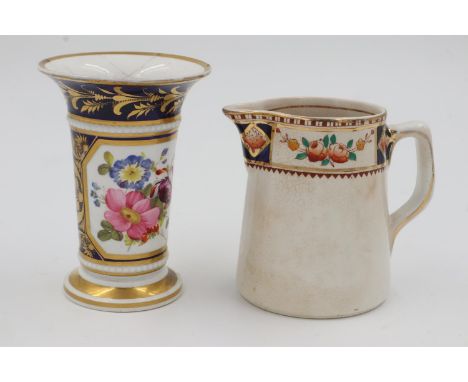 19th Century Derby flared vase with re glued chip, floral decorated panel on a cobalt and gold ground, H: 11 cm with a P.P an