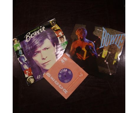 Two David Bowie LPs, Lets Dance, The Best of David Bowie and vinyl single (mono) The Laughing Gnome. UK P&amp;P Group 2 (£20+