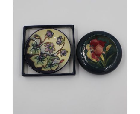 Moorcroft lipped shallow bowl, in the Hibiscus pattern, D: 11cm, with a Moorcroft coaster in the Hepatica pattern D: 11.5cm, 