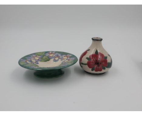 Lise B Moorcroft for Moorland Pottery, lustre footed bowl, D: 15.5cm, with a Cobridge stoneware floral bud vase, H: 9cm. UK P