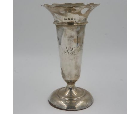 George V hallmarked silver flared vase, Birmingham 1922, with initials to body and date inscription to base rim, weighted bas