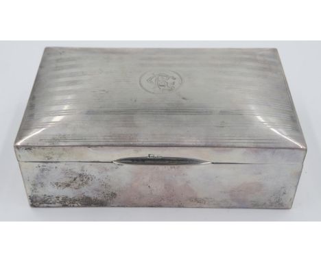 Hallmarked silver cedar lined box, with engine turned decoration and monogramed cartouche. UK P&amp;P Group 1 (£16+VAT for th