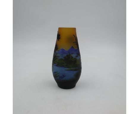 Emile Galle cameo glass vase, acid etched with mountains, lake and trees, H: 16cm. UK P&amp;P Group 1 (£16+VAT for the first 