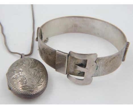 Britannia silver buckle-form bangle, 39g, with a hallmarked silver locket pendant necklace. UK P&amp;P Group 0 (£6+VAT for th