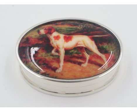 Silver enamel pill box, the cover with an image of a Pointer dog, marked sterling inside condition good, no issues noted. UK 