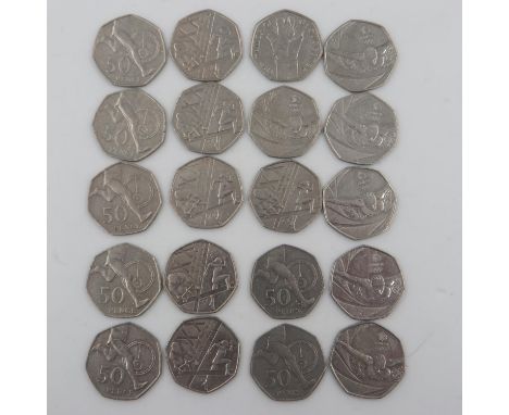 Twenty mixed Olympic collectors edition 50p coins. UK P&amp;P Group 1 (£16+VAT for the first lot and £2+VAT for subsequent lo