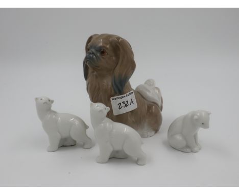 Lladro Pekinese dog and three small Nao Polar bears, largest H: 15cm. UK P&amp;P Group 2 (£20+VAT for the first lot and £4+VA