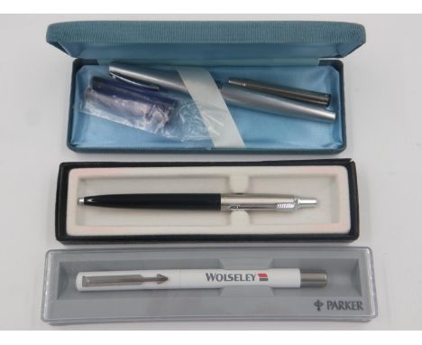 Two cased Parker ballpoint pens, with a cased Lady Sheaffer fountain pen. UK P&amp;P Group 1 (£16+VAT for the first lot and £