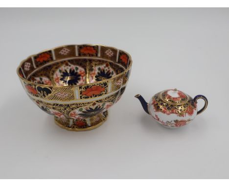 Royal Crown Derby Old Imari pattern bowl with a miniature Old Imari pattern teapot (2). UK P&amp;P Group 2 (£20+VAT for the f