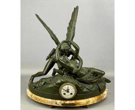 IMPRESSIVE FRENCH SPELTER FIGURAL MANTEL CLOCK, after Canova, 'L'Amour et Psyché à demi couchée', on titled demilune marble p