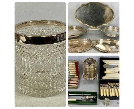 ASSORTED PLATED ITEMS including large cut glass wine cooler with plated mount and ring side handles, 21.5cms (h), shaped oval