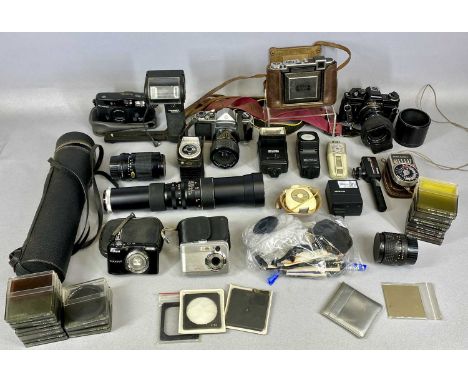 ASSORTED CAMERAS & ACCESSORIES including Asahi Pentax SLR camera with zoom lens and tele-lens, Hanimex Pro 550 flash, various