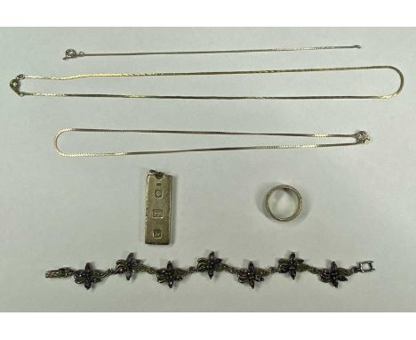 SILVER JEWELLERY including ingot pendant, 1ozt, engraved band ring, size Q, amethyst floral bracelet, two flat link necklaces