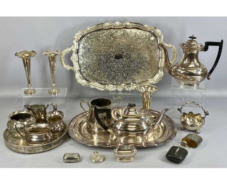 ASSORTED PLATED ITEMS including four-piece oval EPNS tea service, oval meat plate, pair of EPNS trumpet vases, etc.Provenance