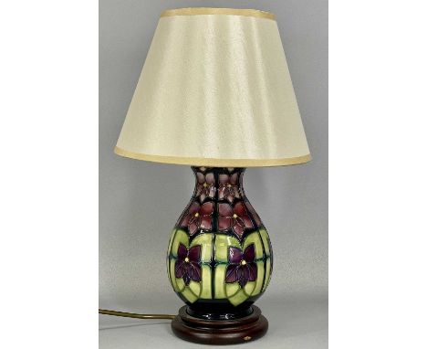 MOORCROFT TABLE LAMP with geometric floral pattern, on wooden base, 23cms (h) to fittingProvenance: private collection Conwy