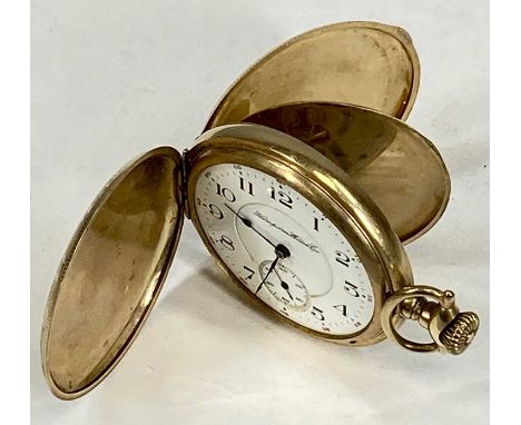 GOLD PLATED KEYLESS FULL HUNTER POCKET WATCH by Hampden Watch Company, engraved front and back, signed white enamel dial with