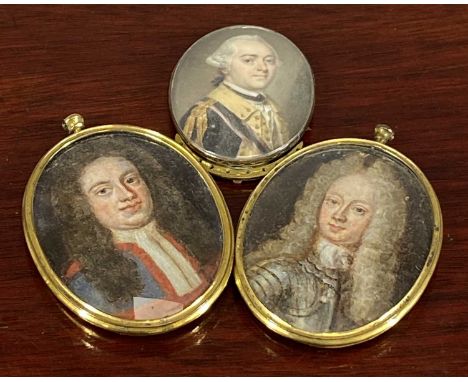 PAIR OF GEORGIAN OVAL WATERCOLOUR PORTRAIT MINIATURES on paper - entitled verso 'Sir Roger Hog died 1702 atat 63' and 'Willia