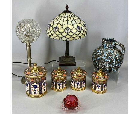FOUR ROYAL CROWN DERBY STYLE IMARI PATTERN LIDDED JARS, 20cms (h) the tallest, Tiffany style table lamp and shade, one other 