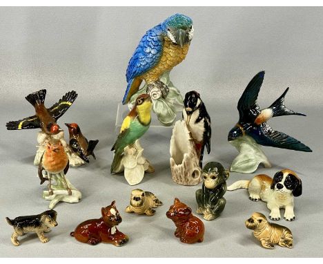 ASSORTED GOEBEL ANIMAL FIGURES including blue parrot, 22cms (h), woodpecker, 18cms (h), robin, 13cms (h), swallow, 21cms (h),