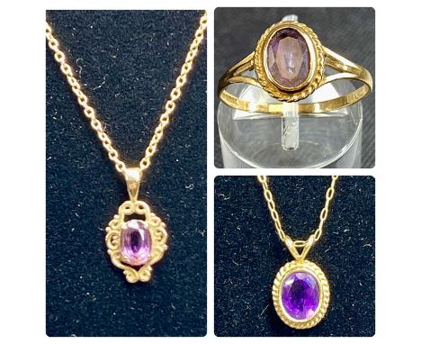 9CT GOLD & AMETHYST SET JEWELLERY, ring size O, and two pendants on fine link necklacesProvenance: private collection Conwy