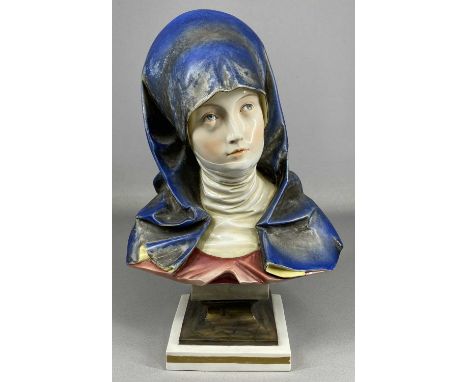 CONTINENTAL PORCELAIN BUST, late 19th century, head and shoulder portrait of young lady in nun's habit, on square socle base,