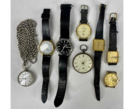 ASSORTMENT OF WATCHES including silver cased keyless pocket watch, white metal fob watch with white metal guard chain, 160cms