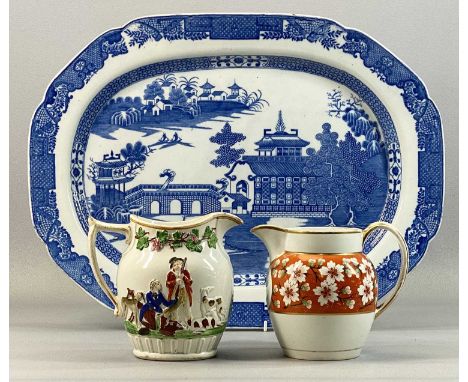 LARGE 19TH CENTURY PEARLWARE BLUE AND WHITE TRANSFER DECORATED MEAT PLATE, with Oriental design, 36.5 x 48cms, pearlware hunt