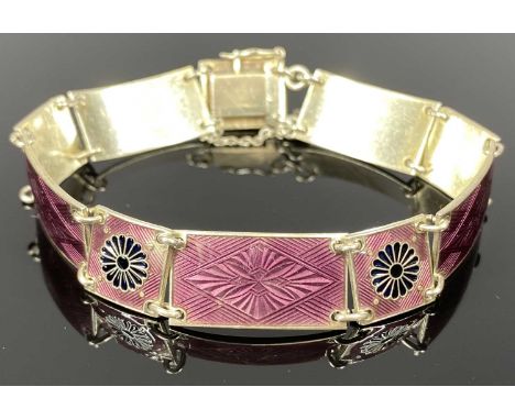 NORWEGIAN SILVER BANGLE with purple guilloche enamel panels and ring links, with safety chain, c. 1950Provenance: private col