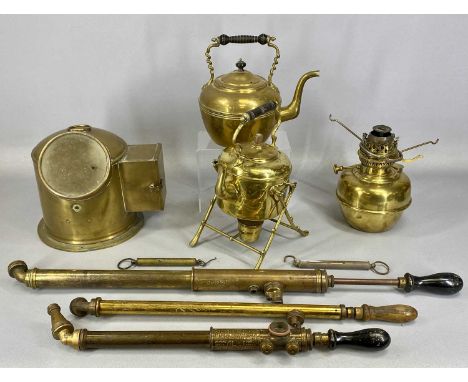 ASSORTED BRASSWARE including ship's compass binnacle, tea kettle on stand, oil lamp, etc.Provenance: private collection Wirra