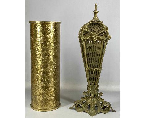FOLDING BRASS FAN SPARK GUARD, 62.5cms (h), and embossed cylindrical brass stick stand, 51cms (h)Provenance: private collecti