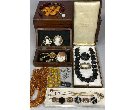 ANTIQUE & VINTAGE JEWELLERY including amber type necklaces, jet necklace and brooch, three oval cameo portrait brooches, etc.