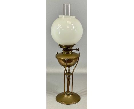 W.A.S. BENSON ARTS & CRAFTS COPPER OIL LAMP, with circular base, triple pillar column, removable reservoir with single burner