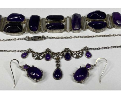 ASSORTED SILVER JEWELLERY including chunky amethyst bracelet, amethyst necklace and earrings, hand painted oval portrait broo