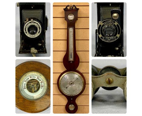 19TH CENTURY MAHOGANY BANJO BAROMETER, E. Bevan, Birkenhead, with thermometer level and hygrometer gauges, 97cms (h), along w