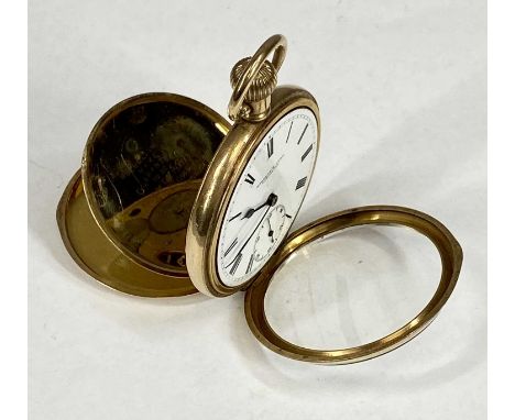 GOLD PLATED KEYLESS OPEN FACED POCKET WATCH by Roberts & Owen Caernarfon, signed white enamel dial, black Roman numerals and 
