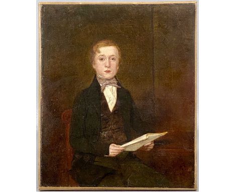 19TH CENTURY BRITISH SCHOOL oil on canvas - three-quarter length figure of a seated young man reading, label verso 'Captain M