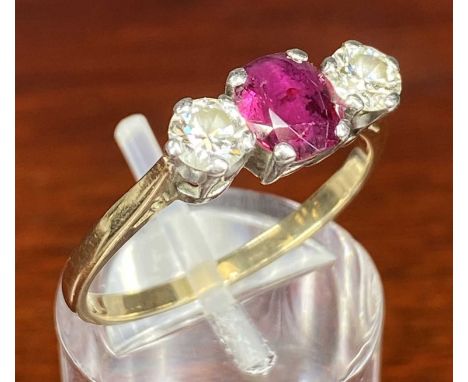18CT GOLD & PLATINUM RUBY & DIAMOND THREE STONE RING, size Q/R, 3.5gmsProvenance: private collection Gwynedd