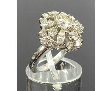 WHITE GOLD DIAMOND CLUSTER RING, principal baguette cut stone approx. 0.40ct, surrounded by oval and circular princess cut di