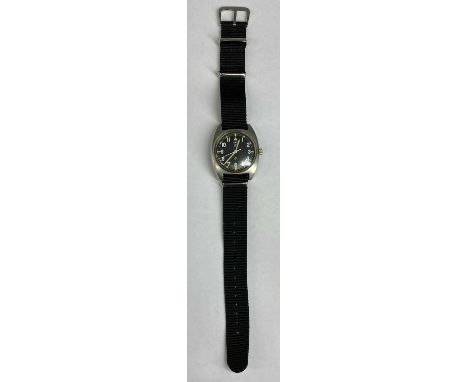 CWC (CABOT WATCH COMPANY) MILITARY ISSUE WRISTWATCH, 1970s, stainless steel case, black dial with Arabic numerals, broad arro