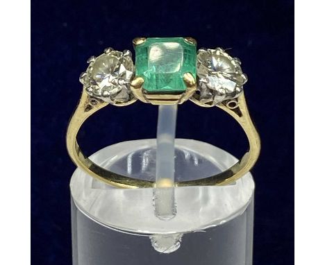 18CT GOLD & PLATINUM EMERALD & DIAMOND THREE STONE RING, size Q, 2.6gmsProvenance: deceased estate Conwy