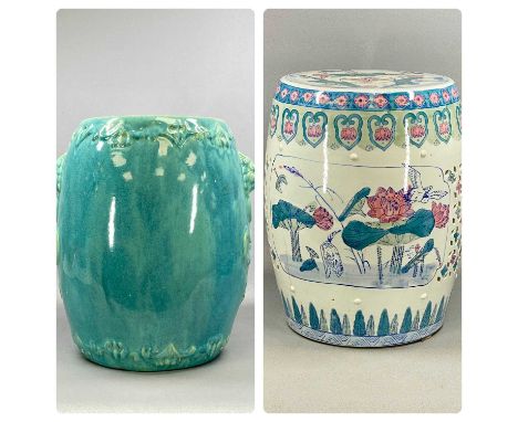 REPRODUCTION CHINESE CELADON CONSERVATORY SEAT with lion mask ring handles, 42cms (h) and one other pink and blue floral glaz
