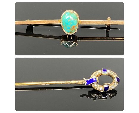 DIAMOND & BLUE ENAMEL STICK PIN, and 9ct rose gold bar brooch set with oval turquoise stoneProvenance: deceased estate Denbig