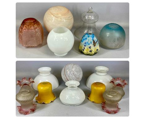 ASSORTED GLASS LIGHT SHADES including moulded cranberry and etched glass oil lamp shade, green and clear etched glass oil lam