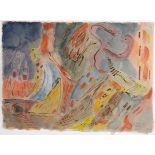 Werner Gilles. Rote Schlucht mit Brücke. Aquarell. 1959. 31,0 : 43,0 cm. Signiert und datiert. »Auch