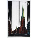 Fritz Dibbert. Hamburg, Petrikirche. - Hamburg, Rings um St. Jacobi. Zwei kolorierte Holzschnitte.