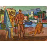 Werner Gilles. Drei Männer am Hafen. Öl auf Malkarton. [1941]. 49,5 : 64,5 cm. Signiert. Das Motiv