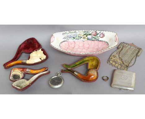 Three Meerschaum Pipes (Cased), silver cigarette case, trench art ring, pocket watch, Maling bowl; together with a 1920's mes